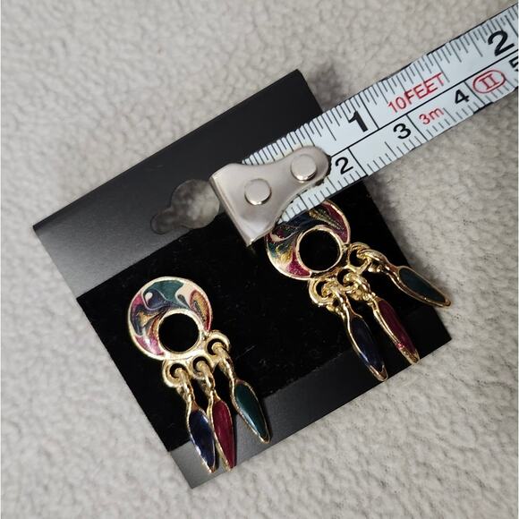 Vintage Gold Tone Swirl Dream Catcher Earrings Acrylic Maroon Dangle - Picture 7 of 8